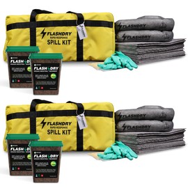 Set of 2 FlashDry Pro Portable Complete Spill Kits - Yellow Duffle, Bag Tag, 15 Absorbent Pads, 2 3"x 4' Sorbent Socks, Disposal Bags, Nitrile Gloves, Two 5L Buckets of 100% Organic, Lightweight Coir