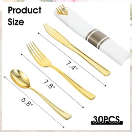 30 Pack Pre Rolled Gold Plastic Cutlery, Disposable Heavy Duty Silverware Set - 30 Forks, 30 Spoons, 30 Knives, 30 Napkins, Disposable Cutlery Set for Catering, Parties, Dinners, Weddings