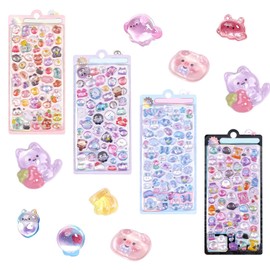 Sticker 4-Piece Set, Cute 3D, Glitter, Handmade Craft, Decoration, Water Bottle Decoration, for Girls, Elementary School Students, Children, DIY, Craft (4 Pieces)