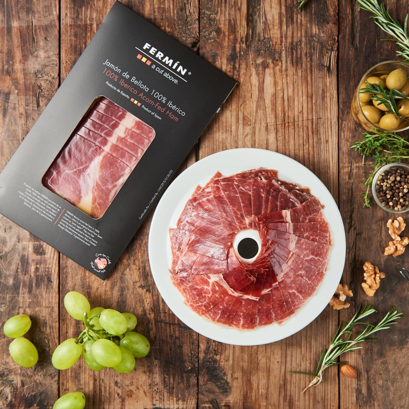 Iberico de Bellota Ham Sliced by Hand (2 oz). GLUTEN