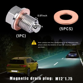 Gasedin Magnetic Oil Drain Plug, M12×1.75 Stainless Steel Aluminum Sump Drain Nut Bolt with 5 Gaskets, Leak-Proof Reusable Car Engine Oil Drain Plug Replacement for Most Cars