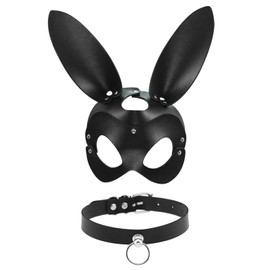 Oidea Leather Masquerade Masks: Black Choker Necklace Masquerade Mask Set for Women Bunny Ears Half Face Mask Adults Cosplay Easter Costume Party Props Accessory