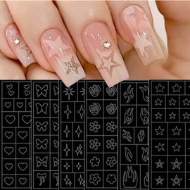 Mkwntg 6Sheet Airbrush Stencils Nail Stickers 3D Hollow Butterfly Nail Art Stickers Flame Heart Four Pointed Star Nail Decals French Auxiliary Nail Supplies for Women Nails Decor DIY Stencil Tools