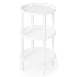 3 Tier Shelf, End, Bed or Display Table, Self-Standing Shelving for Bathroom Toiletries, Storage and Organization. 13 ¾” diameter, 24” height, 9 ¼” space between shelves. Load 10 lbs. per tier (White)