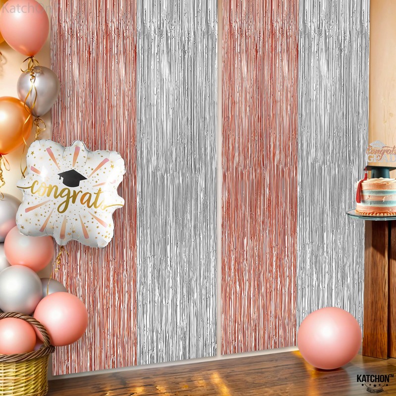 Silver & Rose Gold Foil Fringe Curtain Pair