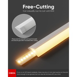 Shine Decor Under Cabinet Lighting Strip, Free Cuttable LED Silicone Neon Rope Hardwired 24V Anti-Glare Bright Cozy 252 Lumen for Indoor, Adhesive White Shell 2700K Warm 12” UL Certified, No Adapter