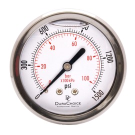 2-1/2" Liquid Filled Pressure Gauges - Stainless Steel Case, Brass, 1/4" NPT, Center Back Mount Connection, 0-1500PSI