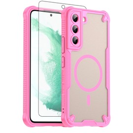 Asuwish Phone Case for Samsung Galaxy S22 Plus S22+ 5G, Compatible with Magsafe Magnetic, Screen Protector, Translucent Matte Back Shockproof Protective Cell Cover S22plus + S 22 22+ Women Men Pink