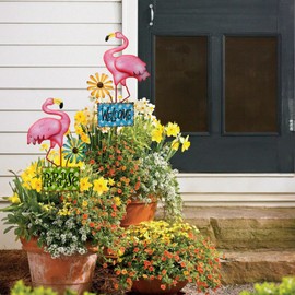 K KILIPES 6set Metal Flamingo Decorative Garden Stakes,16.25" H Outdoor Garden Decor with Flamingo Ornament Welcome Sign Yard Stakes, Rustic Yard Art Spring Decorations for Patio Lawn Garden Planter