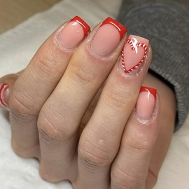 Valentines Red Press on Nails Short Square Fake Nails, French Tips Press on Nails Heart with Design Glossy False Nails Valentines Glue on nails Valentines Acrylic Nails for Women 24Pcs