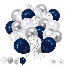 Flow.month 60Pcs Balloons Set, 12 Inches Navy Blue Balloons silver Metallic Balloons white Latex Balloons Confetti Balloons Helium Balloons for Wedding Birthday Party Decoration(silver-b)