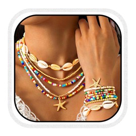 Reaky Boho Beads Necklace Colorful Starfish Necklaces Layered Seashell Bracelet and Necklace Set Beach Accessories for Women and Girls (Pack of 12) (Color)