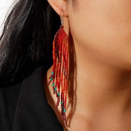 SHINUS BOHO Red Beaded Earrings for Women Dangling,Unique Colorful Seed Beads Ink and Alloy Earrings Prom Teacher Jewelry Friendship Gift.