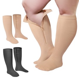 2 Pares Medias de Compresión de Pantorrilla Anchas Talla Grande Cremallera con Sobrepeso 15 a 25 mmHg (Negro, Beige,3XL)