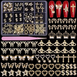 72 Pcs Gold Crown Nail Charms, Luxury Dollars Crosses Nail Gems and Charms, Golden Heart Butterfly Star Metal Nail Gems, 3D Star Heart Nail Rhinestones Gems Gold Charms for Nail Art DIY