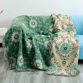 VClife Boho Cotton Linen Couch Cover Cooling Breathable Green Beige Floral Branches Jacquard Recliner Chair Cover for 1 Seater, 1 pc Non Slip Sofa Couch Cover for Dog Multi-use Furniture Protector