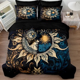 Sun and Moon Comforter Set Black Boho Bedding Set Celestial Galaxy Starry Space Bedding Comforter Mandala Exotic Black Bed in A Bag Full Size