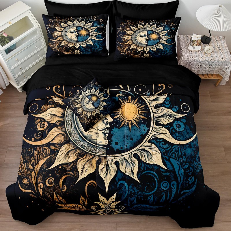 Sun and Moon Comforter Set Black Boho Bedding Set Celestial