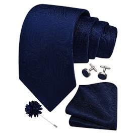 Gusleson Mens Navy Blue Tie for Wedding Dark Blue Silk Paisley Necktie Pocket Square Cufflinks and Lapel Pin Brooch Set (UK6103-22)