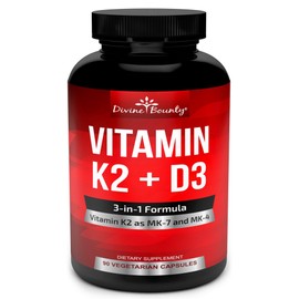 Divine Bounty Vitamin K2 (MK7 & MK4) with D3 Supplement - Vitamin K & D as MK-7 100mcg, MK-4 500mcg, and 5000 IU Vitamin D3 3-in-1 Formula - Bone and Heart Support - 90 Non-GMO Vegetarian Capsules