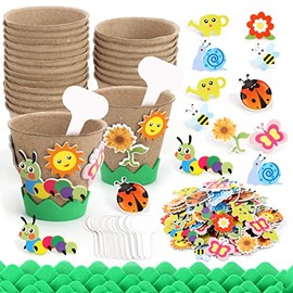 Ayfjovs 30 Pack Garden Paper Pot Craft Kit, Kids Flower Plant Growing Kit with 120 PCS Adhesive Foam Stickers and 30 PCS Plant Pots Labels for Classroom DIY Planting, Kids Summer Craft, Father's Day