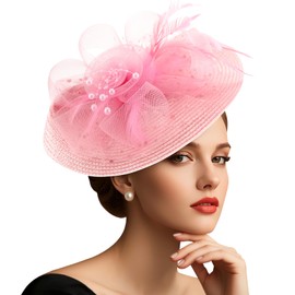 DRESHOW Mesh Women's Flower with Pearl Feather Fascinators Hat on a Headband and a Forked Clip Cocktail Tea Party Headpiece for Girls & Women Noble Kentucky Hat