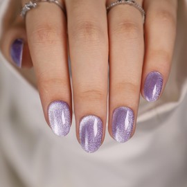 Curvlife Soft Gel Press On Nails Kit - Purple Cat Eye Full Cover False Nail Tips with Trendy Designs, Reusable & Glue Included - Easy Application Nail Accessories for Women