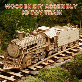 3D Wooden Puzzle Steam Locomotive DIY Puzzle Wooden Model Railway Set for Adults Train Model Gift for Boys and Girls