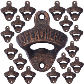 Jumiok 18 PCS Rustic Bottle Cap Opener Wall Mounted Bulk, OPEN HERE Vintage Cast Iron Beer Bottle Top Opener Table Mounted Antique Copper