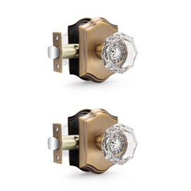 Gobrico Clear Glass Crystal Passage Door Knobs with Antique Brass Plate Interior Octagonal Diamond Door Handles for Hall Closet Keyless Door Locks 2 Pack