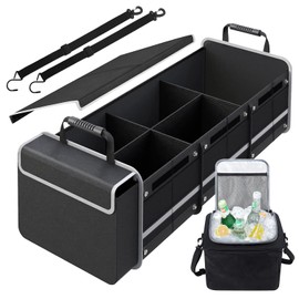 Snuopfy Car Trunk Organizer,115L Heavy Duty Collapsible Trunk Storage, with Insulated Leakproof Cooler Bag Vehicle Cargo Organizer with Lid, 3 Compartments, Straps For Car,Suv,Jeep,Sedan-Black
