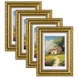 eletecpro 4x6 Picture Frames Set of 4, Vintage Gold Photo Frames with Glass, Displays 3.5x5 Photo with Mat or 4x6 without Mat for Tabletop or Wall Decor, Gold