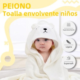 PEIONO Toalla para Niños, Toalla de Baño con Capucha para Niños, Superabsorbente, Cómodo y Suave Forro Polar, Paquete de una Sola Pieza, Absorbe Rápidamente el Agua Que tu Hijo no Pase Frío(Blanco)