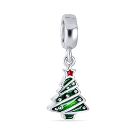 Holiday Red Star Green Decorated Christmas Tree Dangle Charm Bead For Women Teen Enamel .925 Sterling Silver Fits European Bracelet