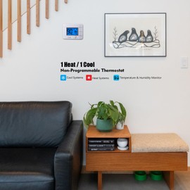 Non Programmable Thermostat for Home - Single Stage 1H/1C, with Room Temperature & Humidity Display and Large Blue LCD