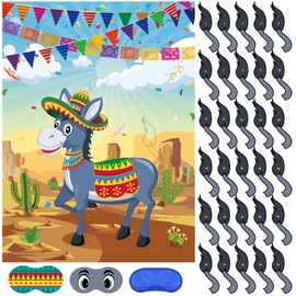 WNSIRVY Pin The Tail On The Donkey Mexican Donkey Party Games Poster with 30 Pcs Tails Stickers for Kids Birthday Mexican Fiesta Carnival Party Favors