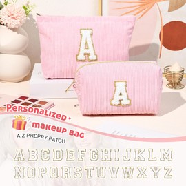 Pack of 2 Initial Makeup Bag, Corduroy Cosmetic Bag, Travel Toiletry Bag, Travel Utensils, Makeup Bag, Women, Christmas, Birthday Gift for Women, Girls, Sister, Pink Cosmetic Bag, a