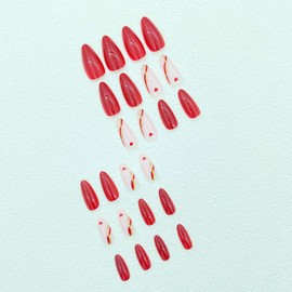 24pcs Fake Nails Medium Length Almond Press on Nail with Gold Swirl Design Valentines Nail Accessories Heart Acrylic False Nails Glossy Artificial Nails Manicure Accessories for Women and Girls