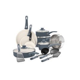 GreenLife 16 Piece Nonstick Cookware Set, Soft Grip Non-Toxic PFAS-Free Ceramic Pots & Pans, Dishwasher & Oven Safe, Frying, Sauce, Saute, Utensils, Glass Lids, Stay-Cool Handles, Wobble Free, Gray