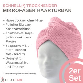 ELEXACARE Hair Turban, Turban Towel with Button (2 Pieces Pink/Rose), Microfibre Towel for Head and Long Hair