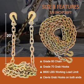 3/8 Inch x 20FT G70 Transport Binder Chain Safety/Binder Chain with Clevis Grab Hooks 7, 100 lbs Safe Working Load Logging Chain for Transporting Towing Tie Down Binding Equipment