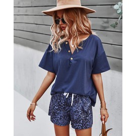 CORSKI Women's Loungewear Set Solid Color Short Sleeve Tops Leopard Shorts 2 Piece Sweatsuit Athletic Tracksuit Blue L