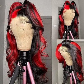 Afsisterwig 13x4 Red Highlight Transparent Lace Human Hair Preplucked Body Wave Lace Front Wig 150% Density - Length: 14