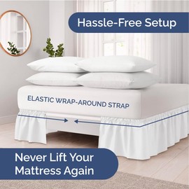 Wrap Around Dust Ruffle Bed Skirt - White - for King Size Beds with 12 Inch Drop - Easy Fit Elastic Strap - Adjustable Pleated Bedskirt w/Brushed Fabric - Wrinkle Free - for Women, Men, Kids & Teens