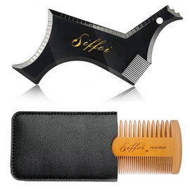 Siffoi Men's Beard Shaping Styling Tool with Handmade Pocket Size Wooden Comb in PU Cover, 2026 Version Precision Edging for Jaw, Cheek & Neck Lines, Works with All Beard Razors & Trimmers