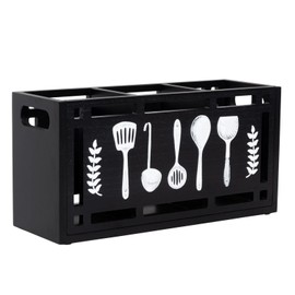 Karisky Utensil Holder for Kitchen Counter, Large 3 Compartments Solid Real Wood Utensil Caddy Organizer with 4 Non-Slip Pads, Rectangular Cooking Tools Storage for Countertop, Black