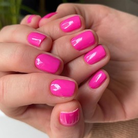 KQueenest Acrylic Press on Nails Short Square, Hot Pink False Nails Short Coffin, Glossy Natural Solid Color Small Fake Nails Set, Reusable Gel Stick on Nail for Women Finger Daily Wear 24 Pcs