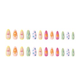 24 Pcs Flower Press on Nails Spring Summer Almond Colorful Fake Nails Medium, Cute Flower False Nails with Star Cherry Design Glue Stick on Nails, Cute Acrylic Nails for Women and Girls