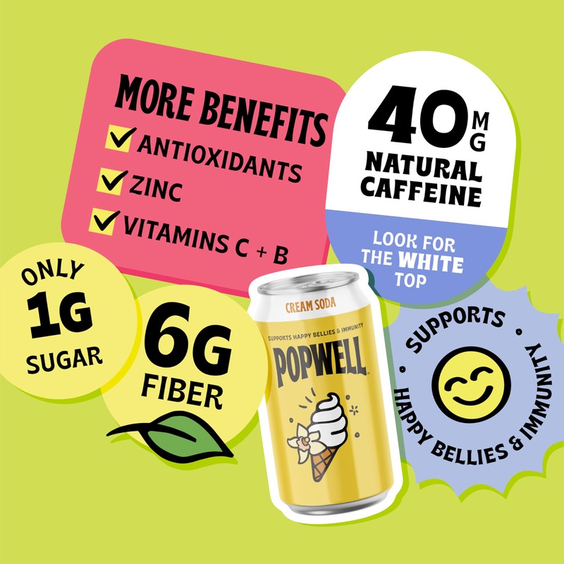 Popwell Cream Soda Caffeinated Better-For-You Prebiotic Soda, with 6g Fiber,