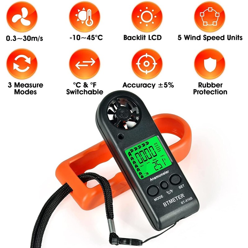 BTMETER Anemometer Handheld Wind Speed Meter, BT-816B Mini Digital Air